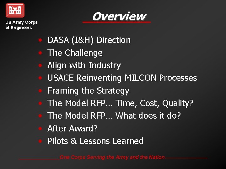 Overview US Army Corps of Engineers • • • DASA (I&H) Direction The Challenge