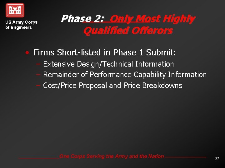 US Army Corps of Engineers Phase 2: Only Most Highly Qualified Offerors • Firms