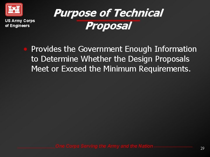 US Army Corps of Engineers Purpose of Technical Proposal • Provides the Government Enough