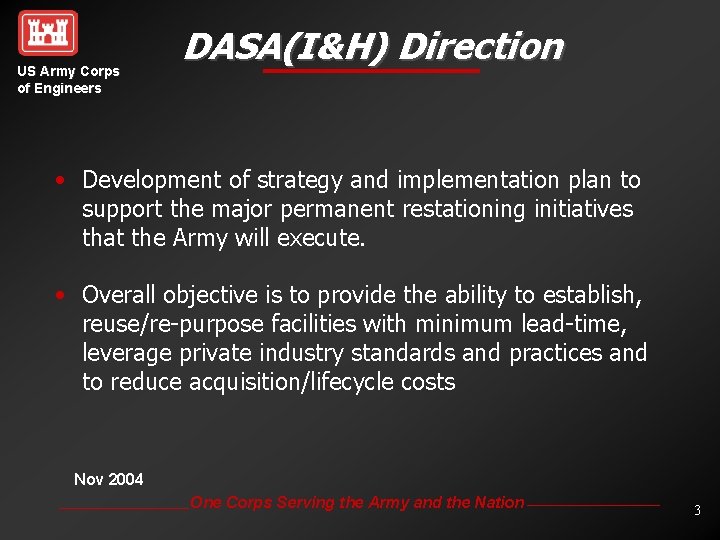 US Army Corps of Engineers DASA(I&H) Direction • Development of strategy and implementation plan