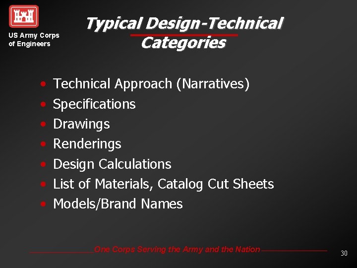 US Army Corps of Engineers • • Typical Design-Technical Categories Technical Approach (Narratives) Specifications