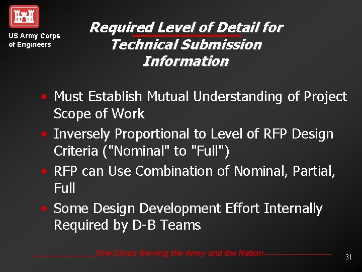US Army Corps of Engineers Required Level of Detail for Technical Submission Information •