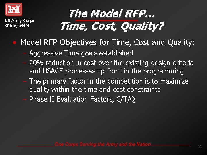 US Army Corps of Engineers The Model RFP… Time, Cost, Quality? • Model RFP