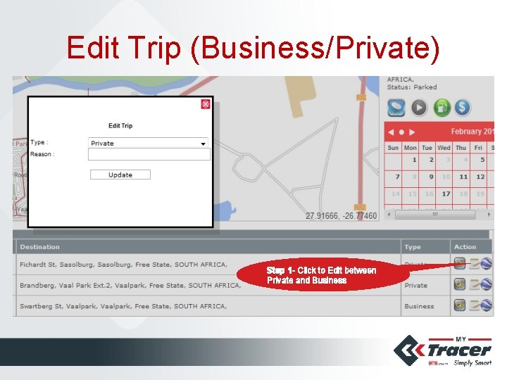 Edit Trip (Business/Private) Step 1 - Click to Edit between Private and Business 