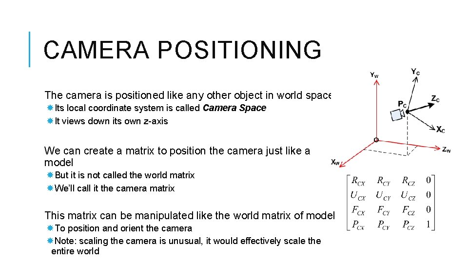 CAMERA POSITIONING The camera is positioned like any other object in world space Its