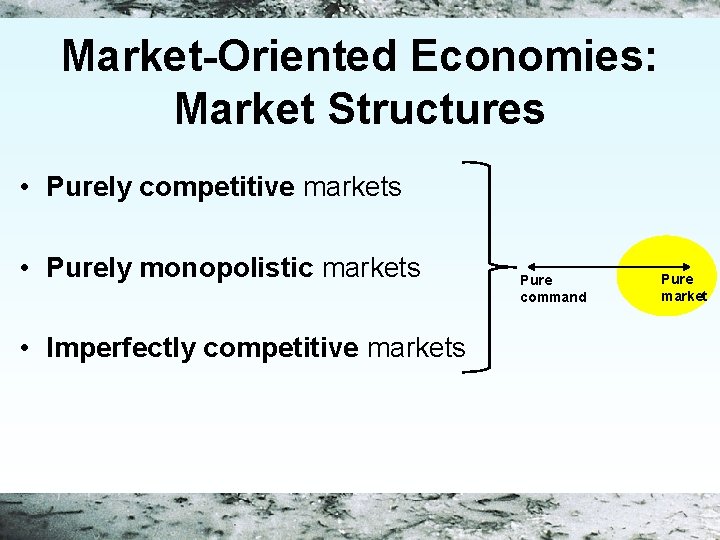 Market-Oriented Economies: Market Structures • Purely competitive markets • Purely monopolistic markets • Imperfectly