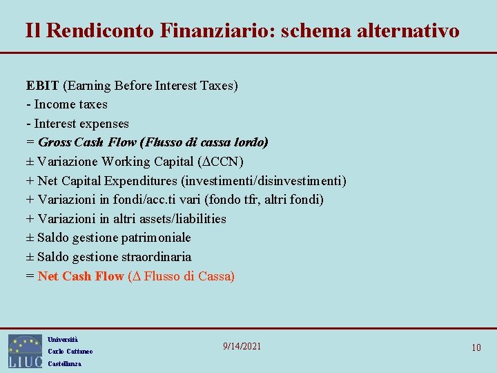 Il Rendiconto Finanziario: schema alternativo EBIT (Earning Before Interest Taxes) - Income taxes -