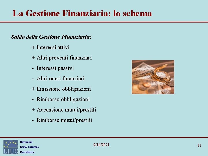 La Gestione Finanziaria: lo schema Saldo della Gestione Finanziaria: + Interessi attivi + Altri