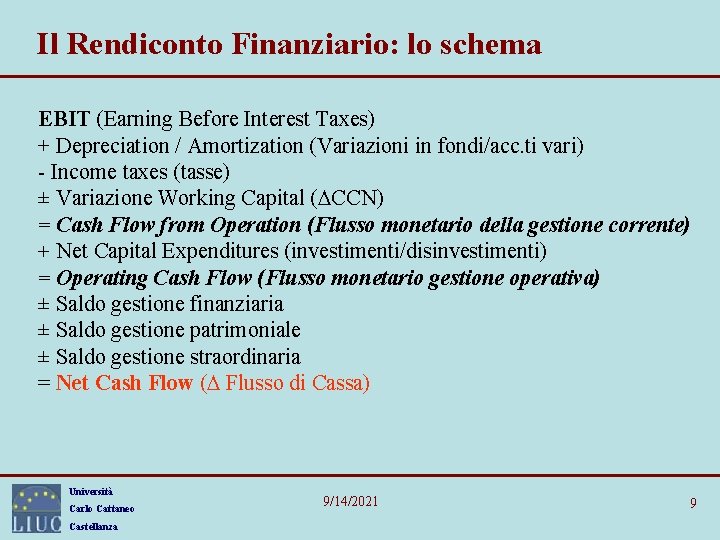 Il Rendiconto Finanziario: lo schema EBIT (Earning Before Interest Taxes) + Depreciation / Amortization