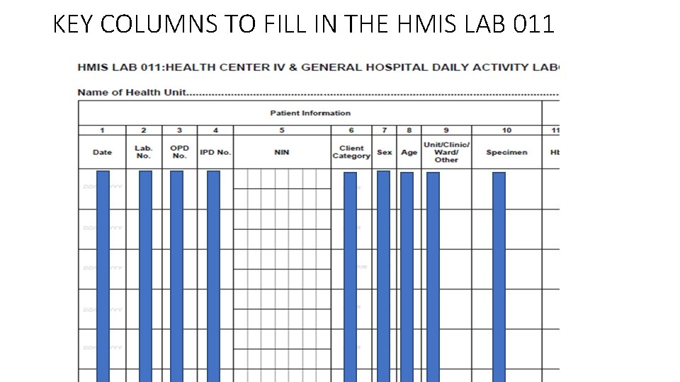 KEY COLUMNS TO FILL IN THE HMIS LAB 011 
