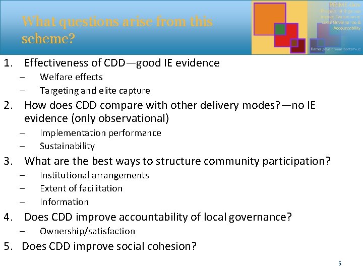 What questions arise from this scheme? 1. Effectiveness of CDD—good IE evidence – –