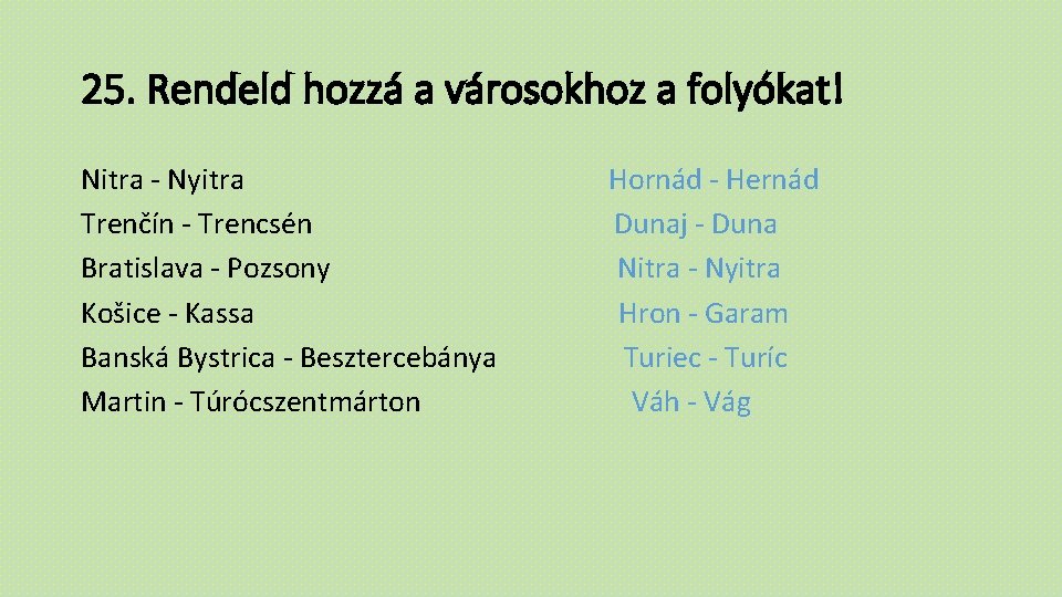 25. Rendeld hozzá a városokhoz a folyókat! Nitra - Nyitra Trenčín - Trencsén Bratislava