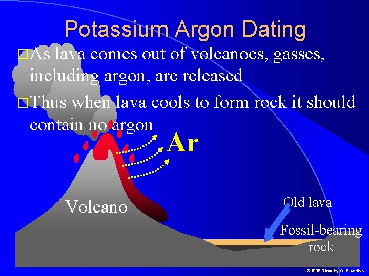 Potassium Argon Dating �As lava comes out of volcanoes, gasses, including argon, are released Potassium Argon Dating �As lava comes out of volcanoes, gasses, including argon, are released
