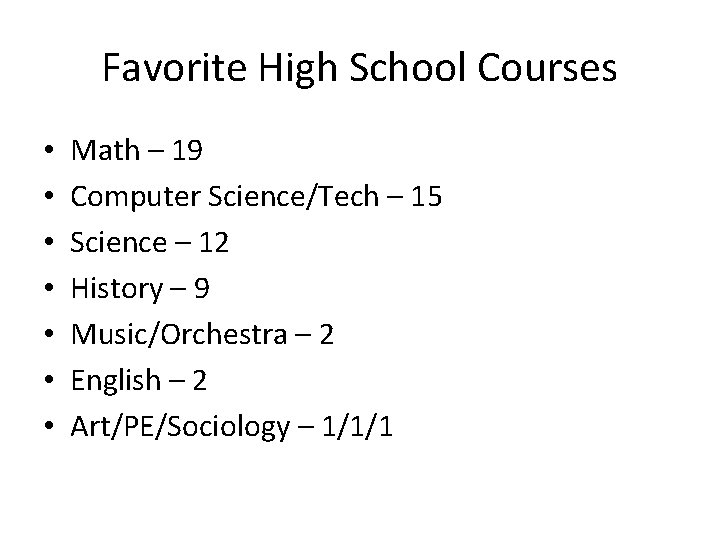 Favorite High School Courses • • Math – 19 Computer Science/Tech – 15 Science