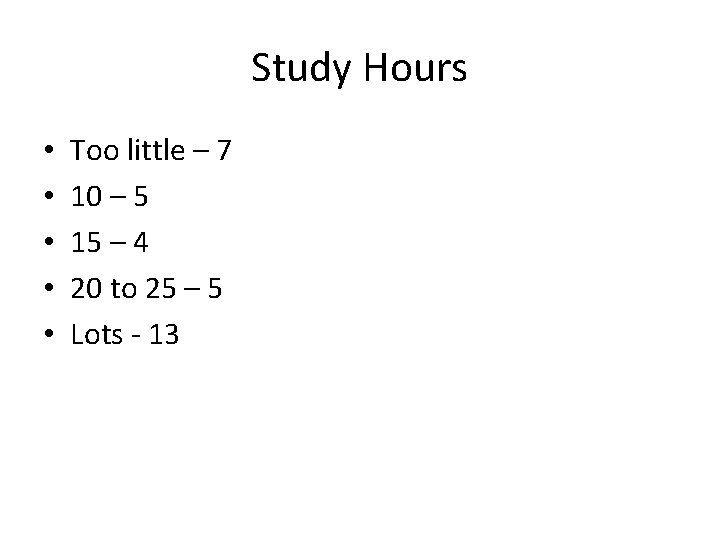 Study Hours • • • Too little – 7 10 – 5 15 –