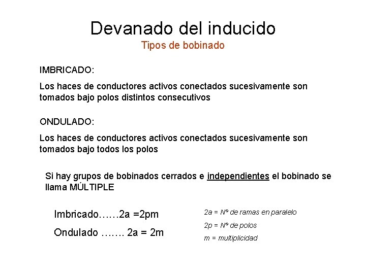 Devanado del inducido Tipos de bobinado IMBRICADO: Los haces de conductores activos conectados sucesivamente