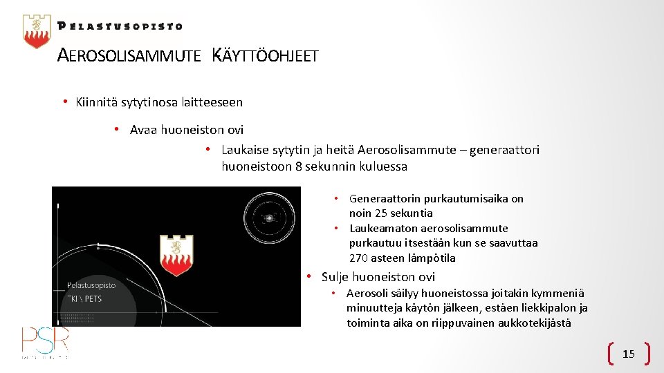 AEROSOLISAMMUTE K- ÄYTTÖOHJEET • Kiinnitä sytytinosa laitteeseen • Avaa huoneiston ovi • Laukaise sytytin