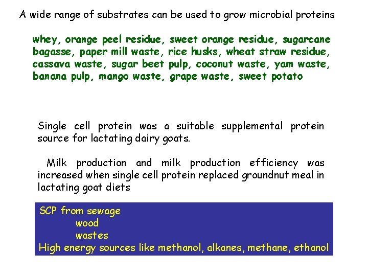A wide range of substrates can be used to grow microbial proteins whey, orange