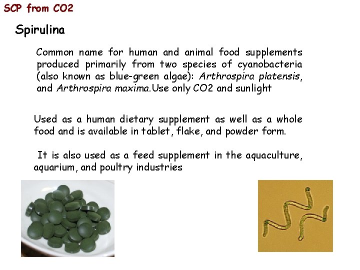 SCP from CO 2 Spirulina Common name for human and animal food supplements produced