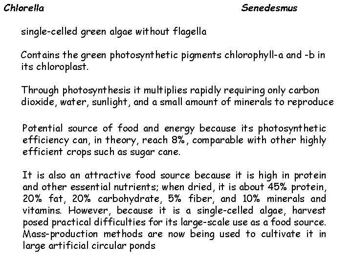 Chlorella Senedesmus single-celled green algae without flagella Contains the green photosynthetic pigments chlorophyll-a and