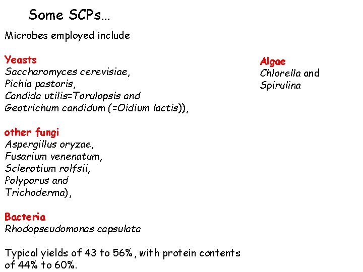Some SCPs… Microbes employed include Yeasts Saccharomyces cerevisiae, Pichia pastoris, Candida utilis=Torulopsis and Geotrichum