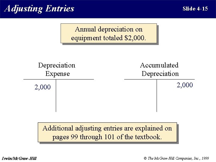 Adjusting Entries Slide 4 -15 Annual depreciation on equipment totaled $2, 000. Depreciation Expense