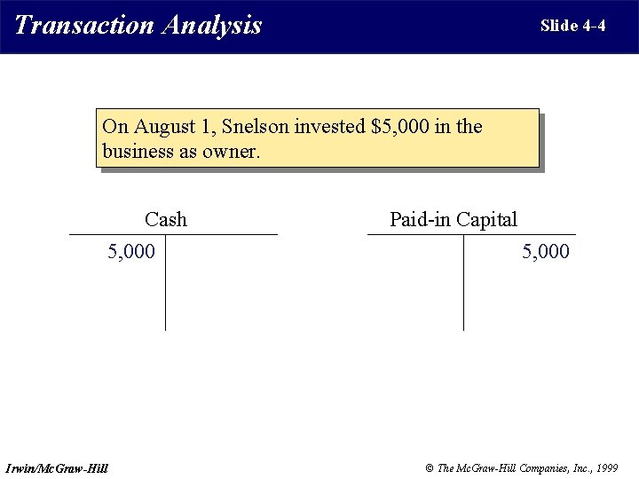 Transaction Analysis Slide 4 -4 On August 1, Snelson invested $5, 000 in the