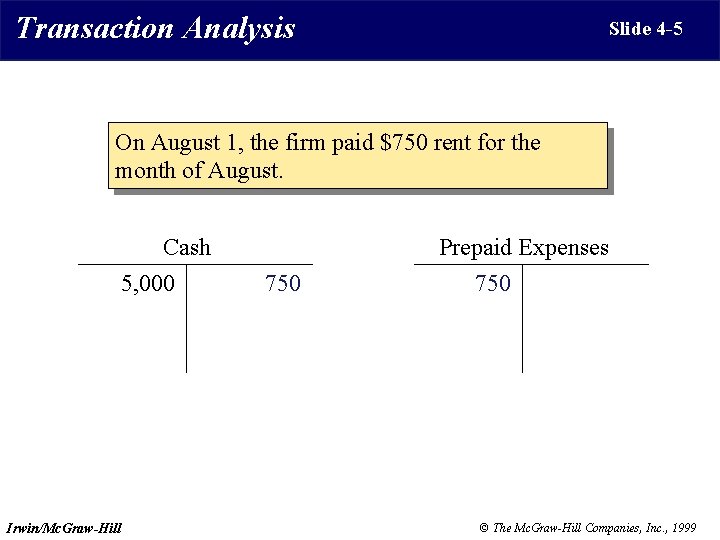 Transaction Analysis Slide 4 -5 On August 1, the firm paid $750 rent for