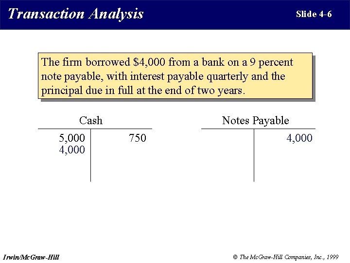 Transaction Analysis Slide 4 -6 The firm borrowed $4, 000 from a bank on