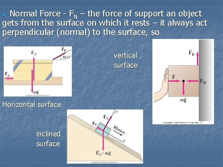 Normal Force - FN – the force of support an object gets from the