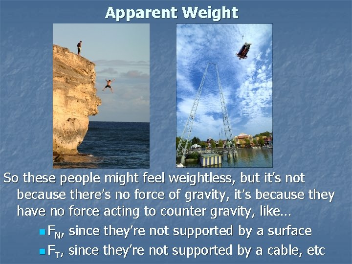 Apparent Weight So these people might feel weightless, but it’s not because there’s no