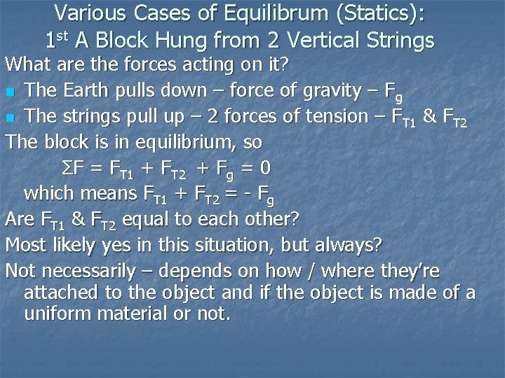 Various Cases of Equilibrum (Statics): 1 st A Block Hung from 2 Vertical Strings