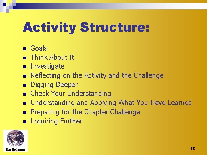 Activity Structure: n n n n n Goals Think About It Investigate Reflecting on