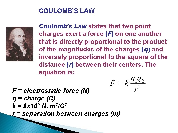 COULOMB’S LAW Coulomb’s Law states that two point charges exert a force (F) on