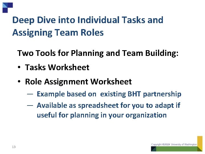 Deep Dive into Individual Tasks and Assigning Team Roles Two Tools for Planning and