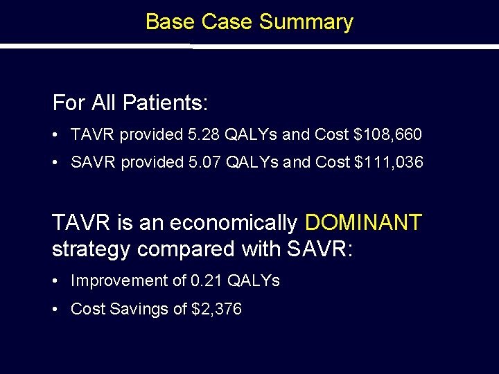 Base Case Summary For All Patients: • TAVR provided 5. 28 QALYs and Cost