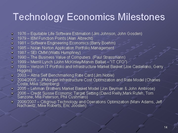 Technology Economics Milestones 1976 – Equitable Life Software Estimation (Jim Johnson, John Gosden) 1979