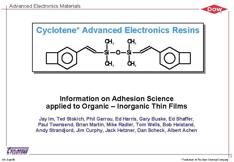 Advanced Electronics Materials Cyclotene* Advanced Electronics Resins CH 3 Si CH 3 O Si