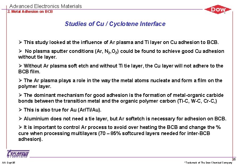 Advanced Electronics Materials 2. Metal Adhesion on BCB Studies of Cu / Cyclotene Interface