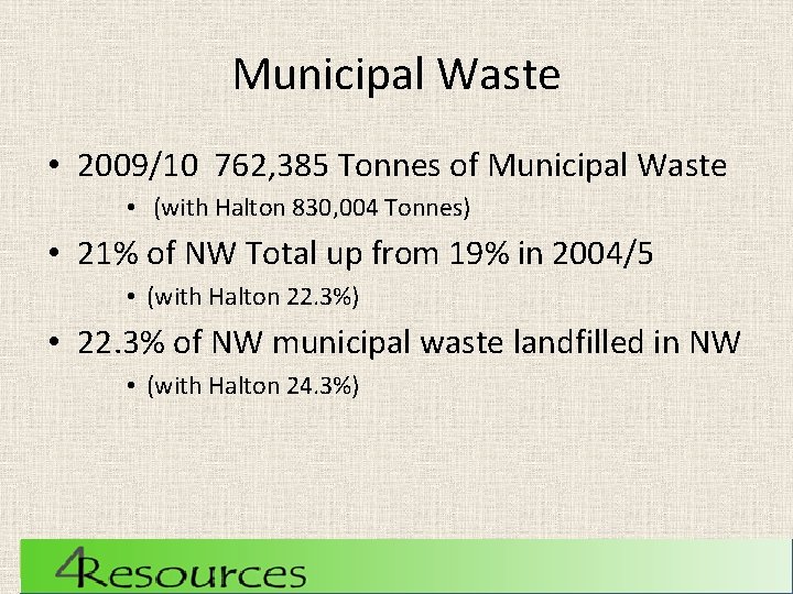 Municipal Waste • 2009/10 762, 385 Tonnes of Municipal Waste • (with Halton 830,