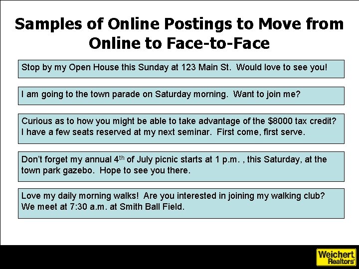Samples of Online Postings to Move from Online to Face-to-Face Stop by my Open