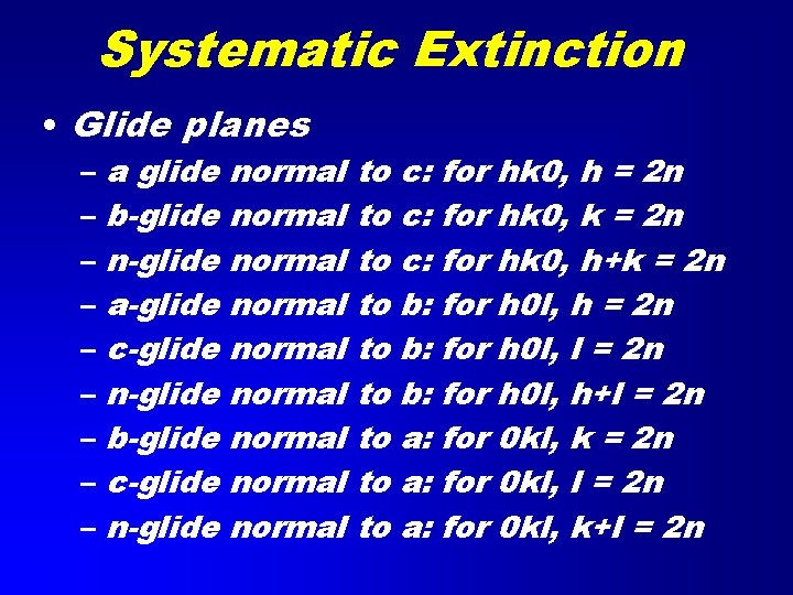 Systematic Extinction • Glide planes – a glide – b-glide – n-glide – a-glide