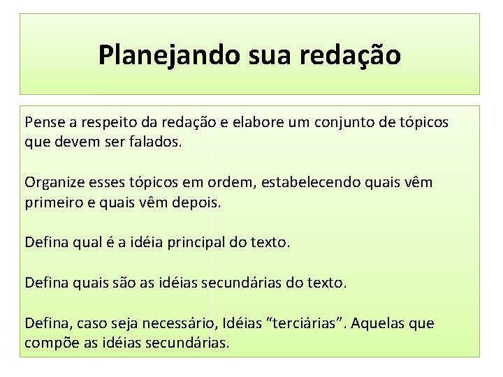 Planejando sua redação Pense a respeito da redação e elabore um conjunto de tópicos