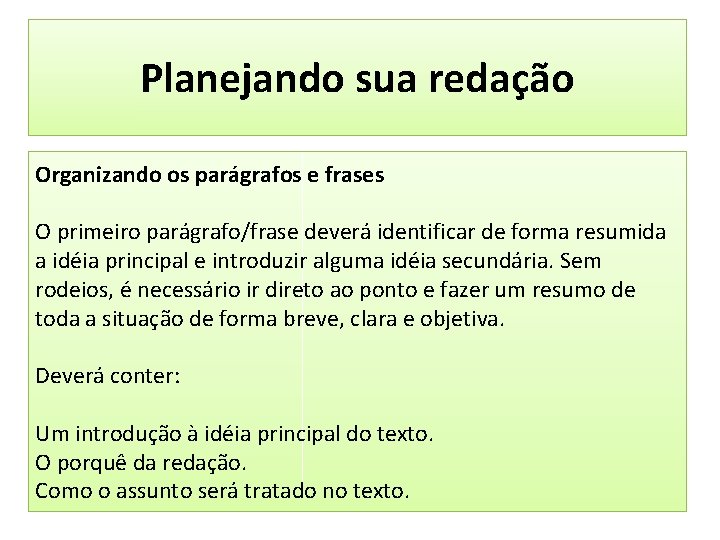 Planejando sua redação Organizando os parágrafos e frases O primeiro parágrafo/frase deverá identificar de