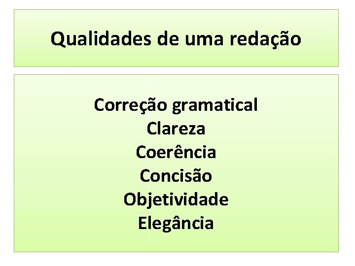 Qualidades de uma redação Correção gramatical Clareza Coerência Concisão Objetividade Elegância Qualidades de uma redação Correção gramatical Clareza Coerência Concisão Objetividade Elegância