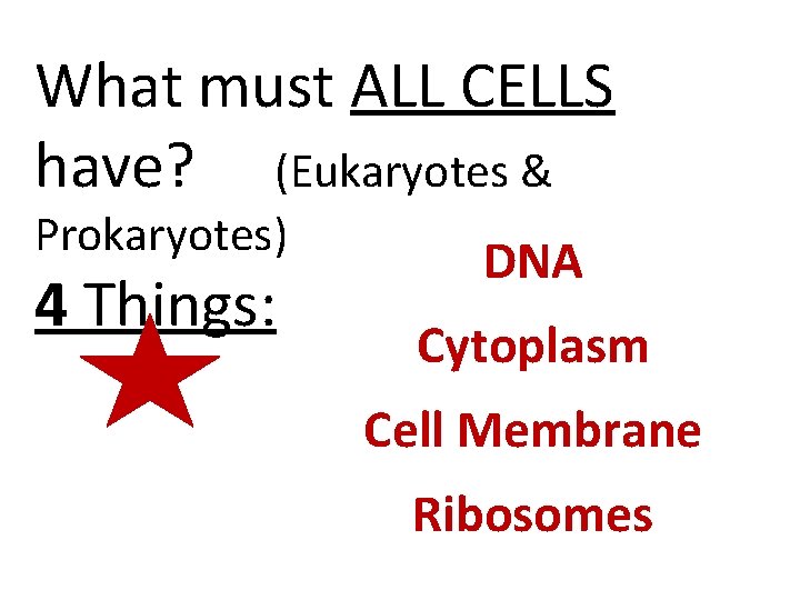 What must ALL CELLS have? (Eukaryotes & Prokaryotes) 4 Things: DNA Cytoplasm Cell Membrane