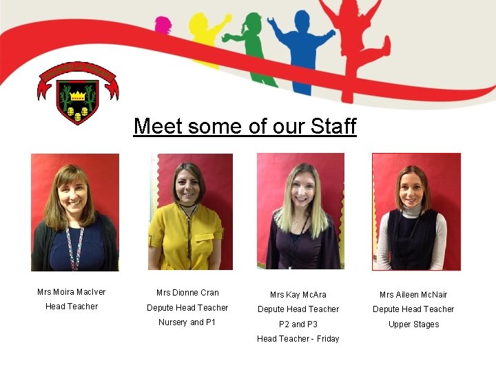 Meet some of our Staff Mrs Moira Mac. Iver Mrs Dionne Cran Mrs Kay