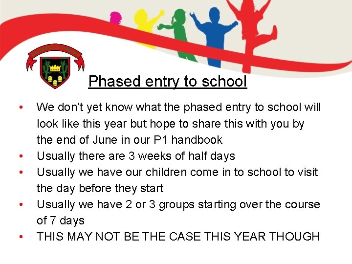 Phased entry to school • • • We don’t yet know what the phased