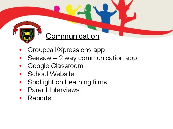 Communication • • Groupcall/Xpressions app Seesaw – 2 way communication app Google Classroom School