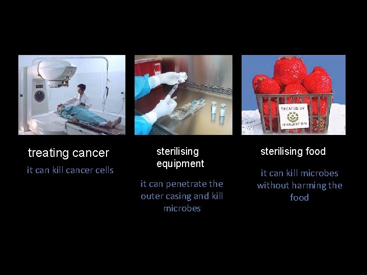 Uses of gamma radiation treating cancer it can kill cancer cells sterilising equipment it